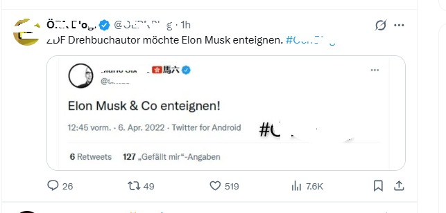 Screenshot: ÖRR Blog Account auf X postet hetzerischen Inhalt – ZDF Drehbuchautor möchte Elon Musk enteignen.