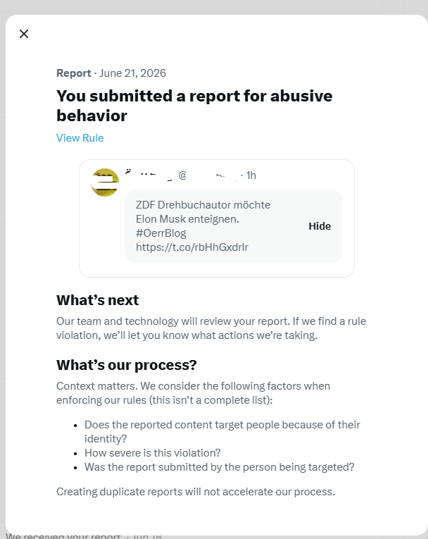 Screenshot: Meldung bei X eingereicht wegen missbräuchlichem Verhalten – Bestätigungsseite des Reports vom 21. Juni 2026