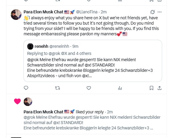 Englische Übersetzung auf x.com. Wie dieser Fake dreist und frech die Antwort an meinen Freund mit frechen Sprüchen teilt. Der Fake geniest das ich ein Tumorsyndrom habe.