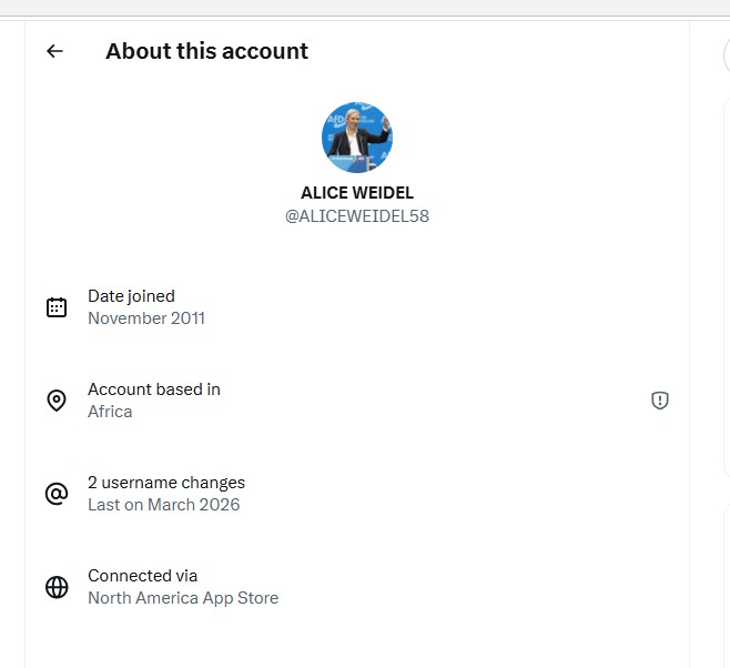 About this account: mutmaßlicher Fake-Account mit dem Namen Alice Weidel