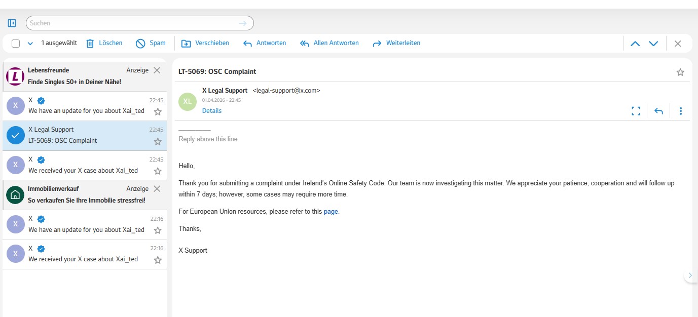 X legal support response redirecting complaint to EU system
