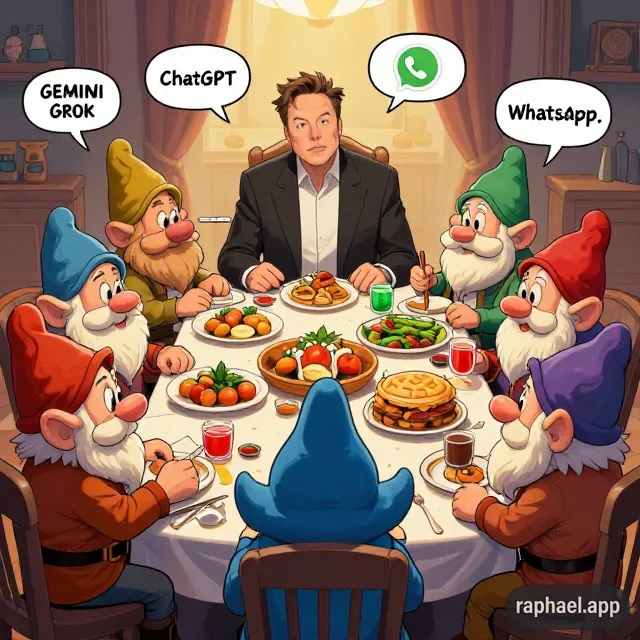 Elon Musk am Tisch mit KI-Zwergen: Gemini, ChatGPT, Grok, WhatsApp