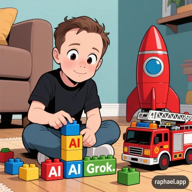 A cute boy playing with AI and Grok building blocks