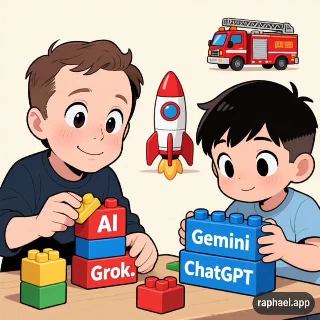 Kinder spielen mit Bauklötzen AI Grok Gemini ChatGPT