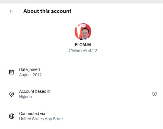 X account details showing account based in Nigeria - Fake account evidence