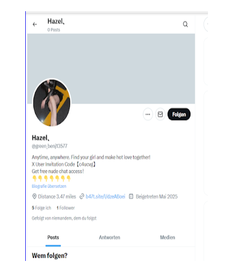 Profil des Spam-Bots Hazel auf X