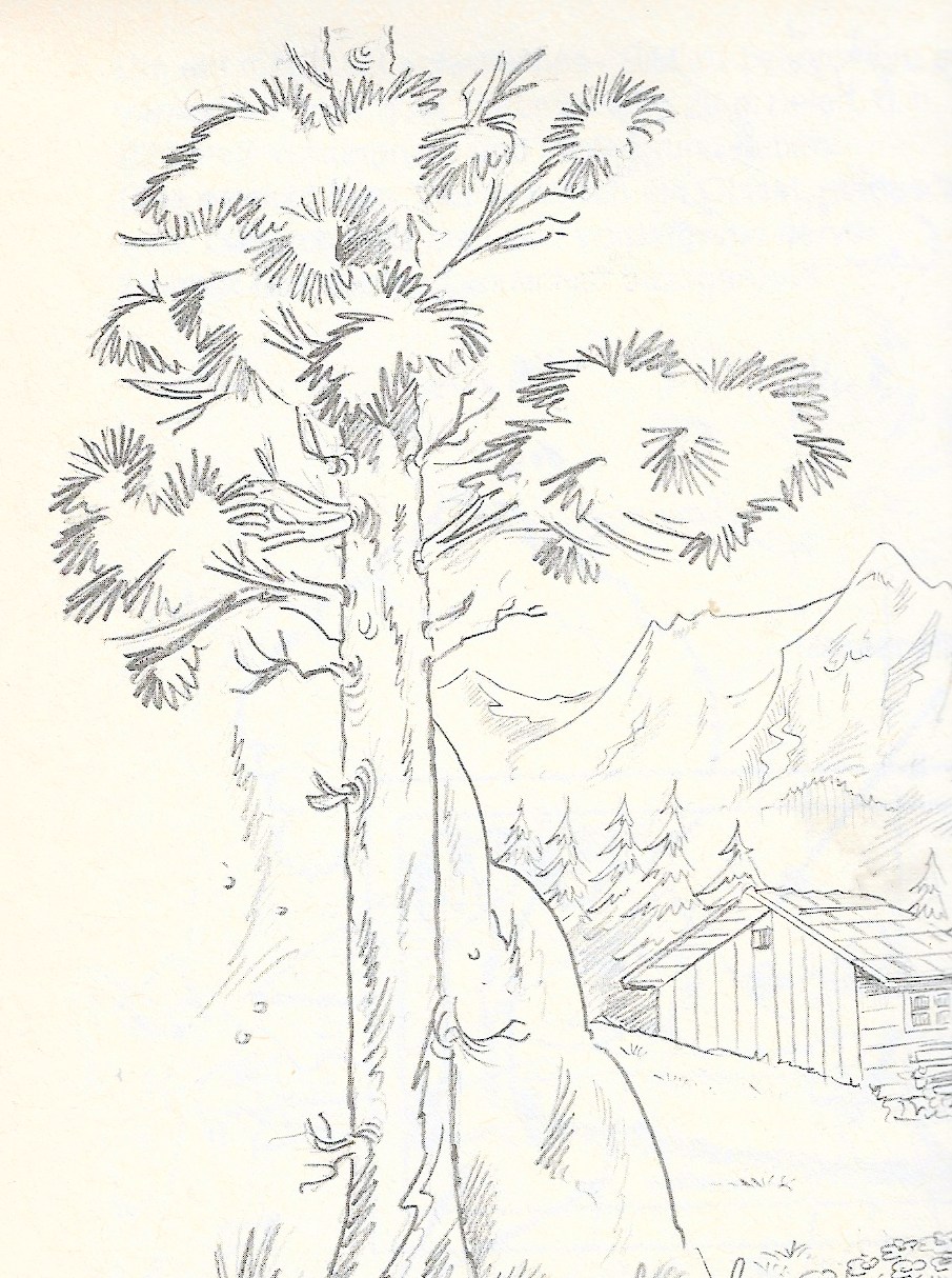 Bleistiftzeichnung – Landschaft mit Baum, Hütte und Bergen