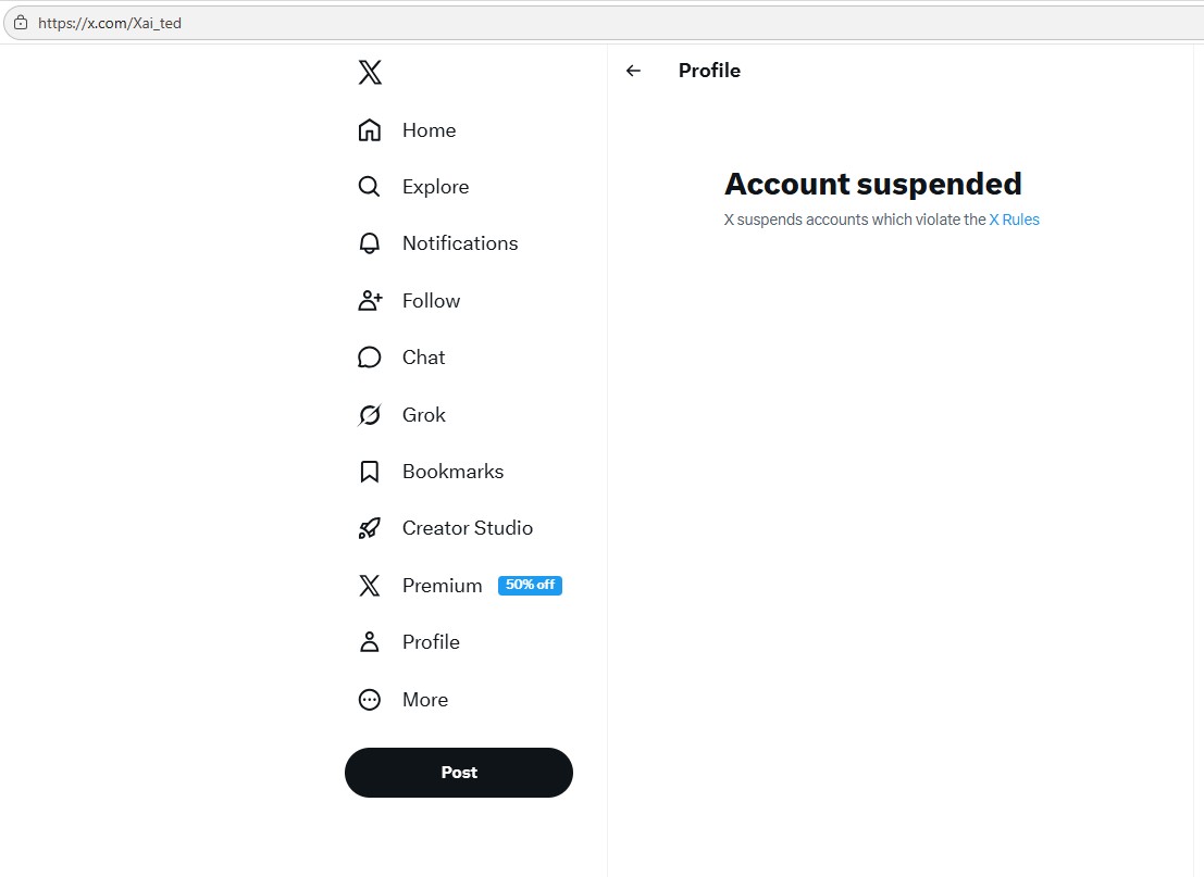 Fake account suspended on X platform