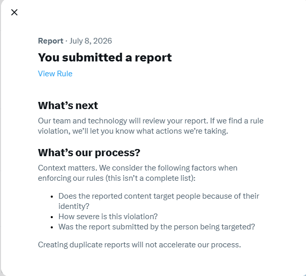 Report submitted Bestätigung auf X