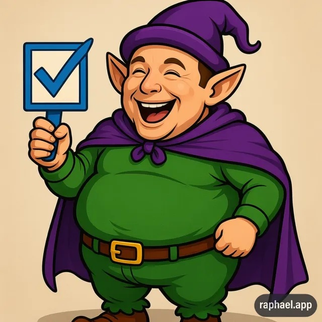 Rumpelstilzchen-Elon-Elf: Lachender Kobold mit blauem Verifizierungs-Häkchen – satirische Darstellung des Plattform-Zauberers