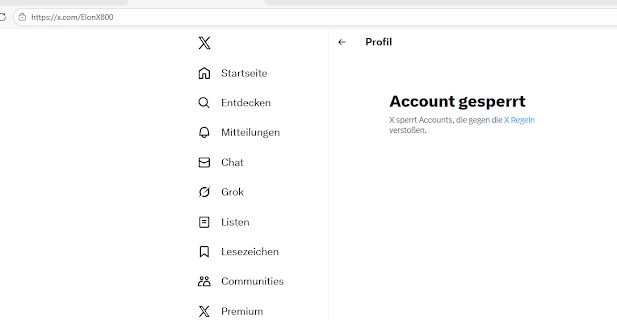 Screenshot showing suspended account @ElonX800 on X