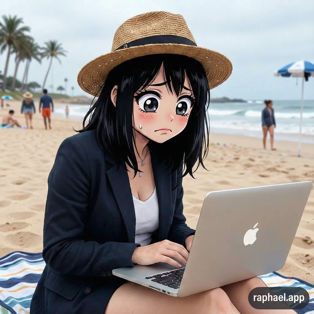 Süße Bloggerin mit Strohhut am Strand mit Laptop.