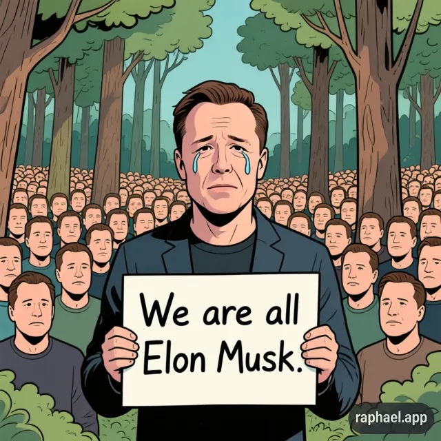 Trauriger Mann mit Schild 'We are all Elon Musk' inmitten einer riesigen Menge Minion-ähnlicher Figuren im Wald. Satire am 23. Februar 2026.