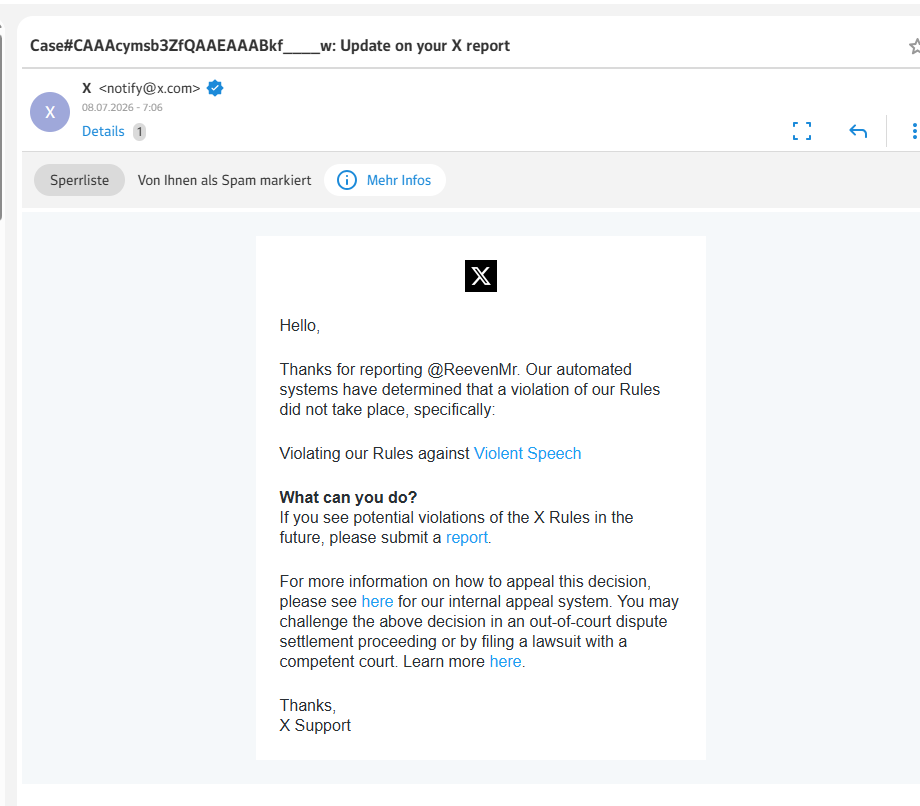 Automatische E-Mail Antwort von X zum Report gegen @ReevenMr